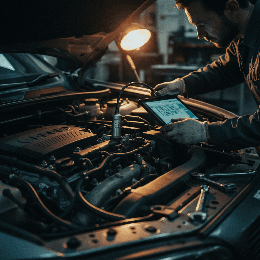 Mechanic performing diagnostic repair on engine