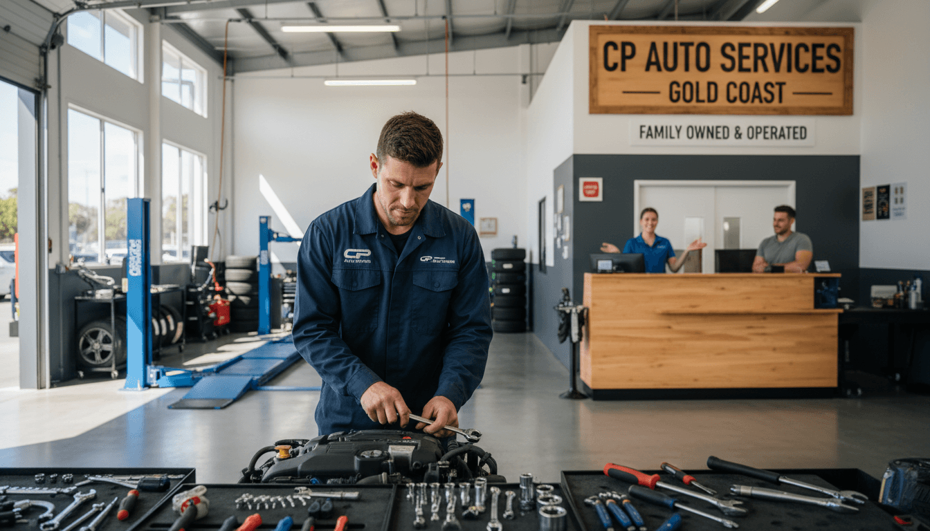 Mechanic working on a car engine in a well-lit, organized auto repair shop.
