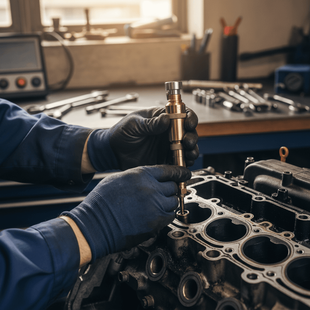Mechanic inspecting vehicle engine with diagnostic precision