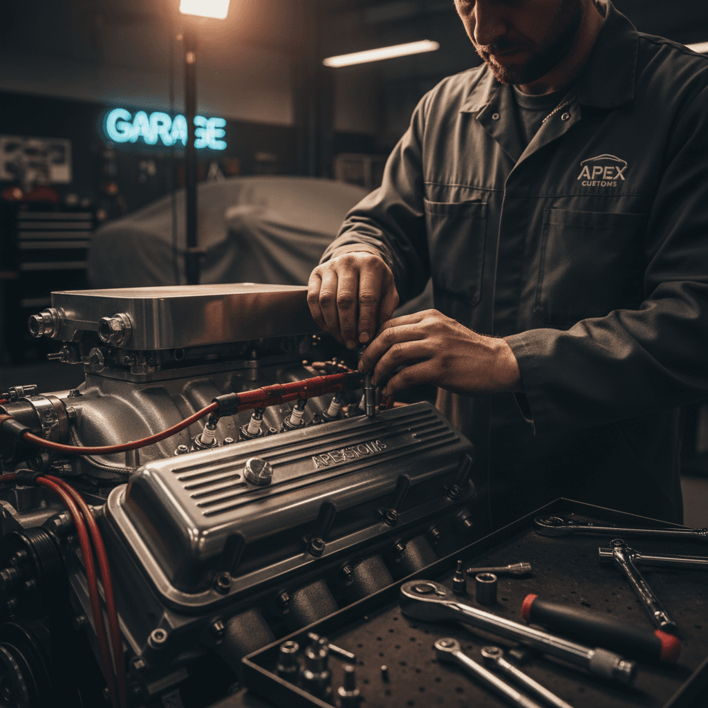 Mechanic performing engine repair