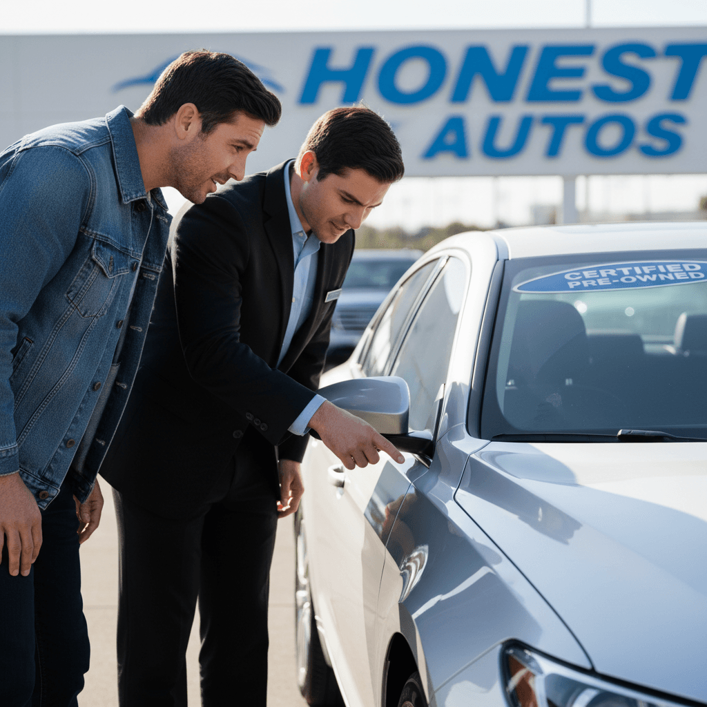 Automotive advisor inspecting vehicle with customer