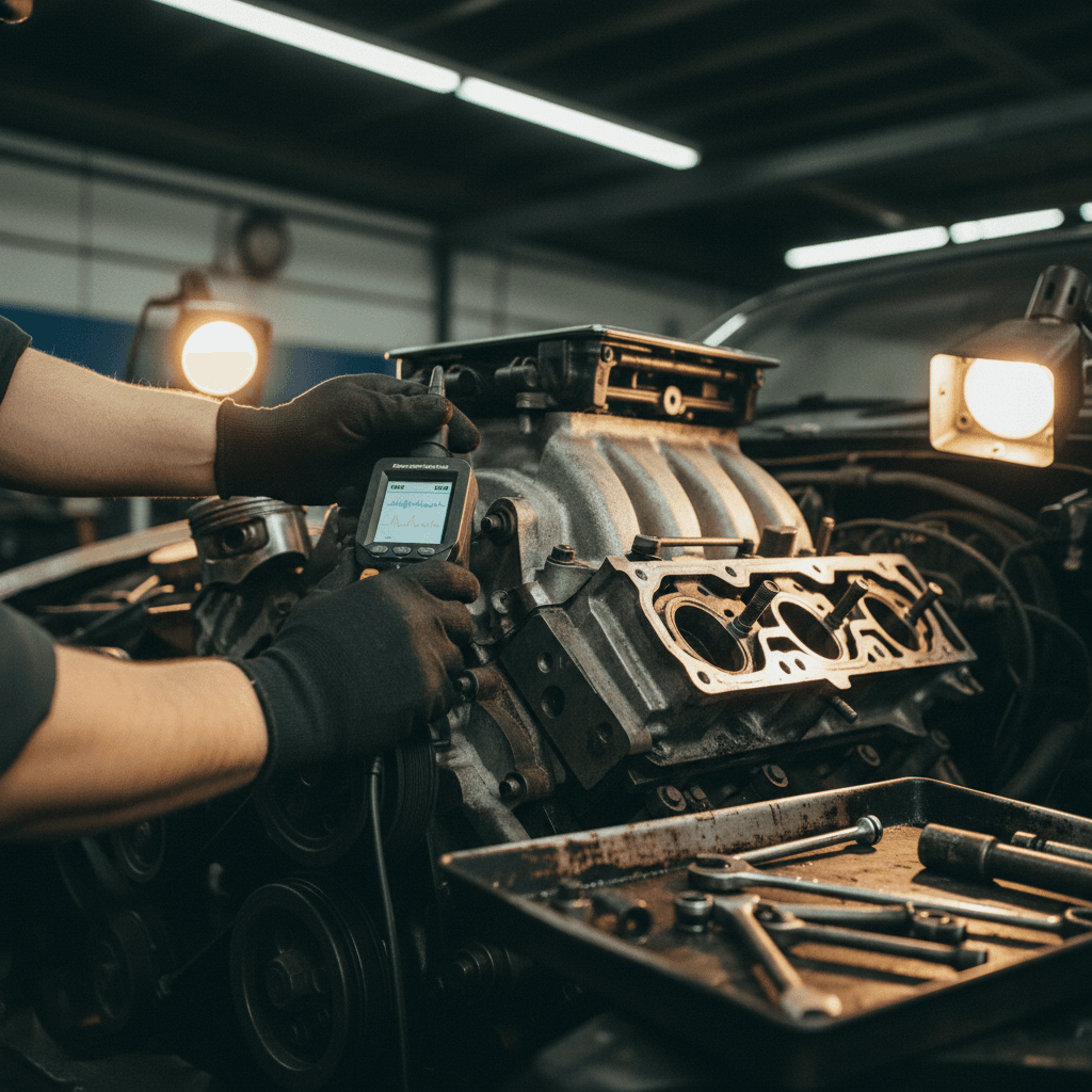 Mechanic working on vehicle engine with focused craftsmanship
