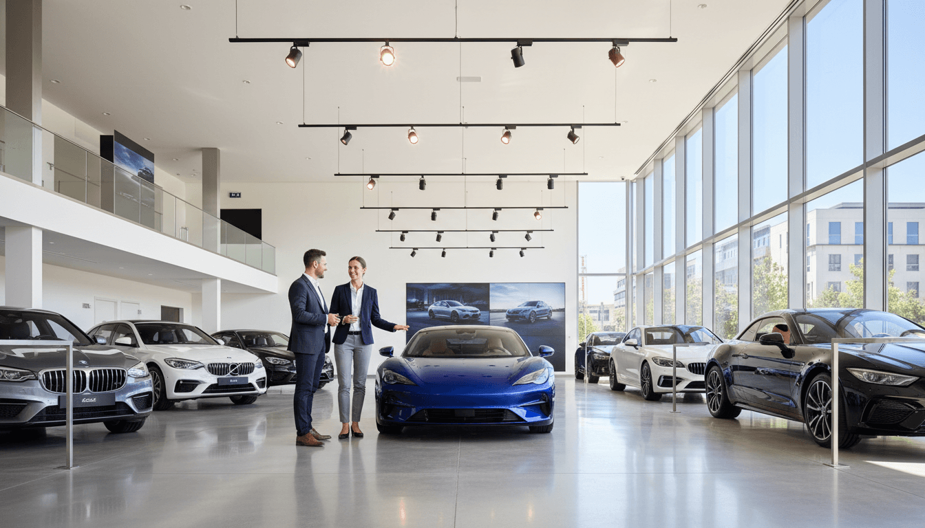 Customer and sales consultant discussing vehicle features in showroom